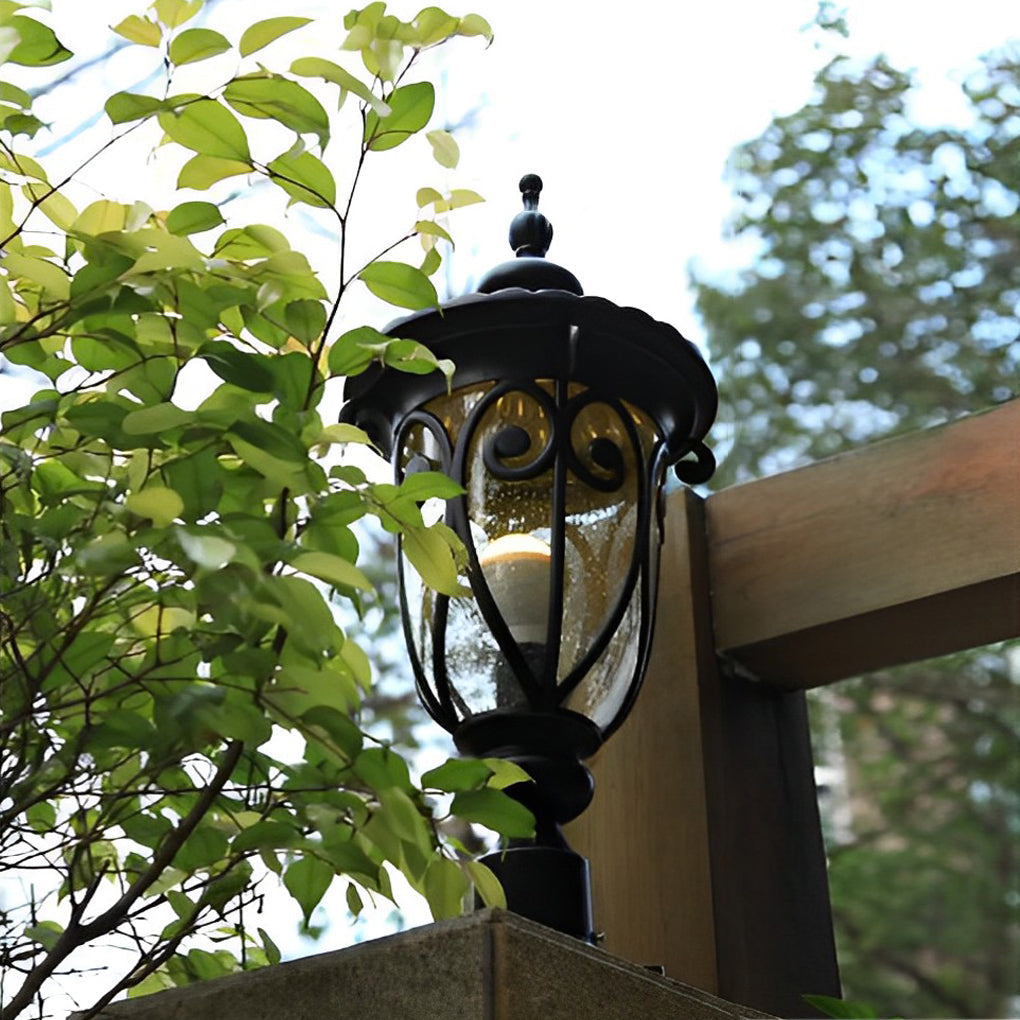 Retro Black Outdoor Pillar Lights with Glass Shade, IP54 Waterproof