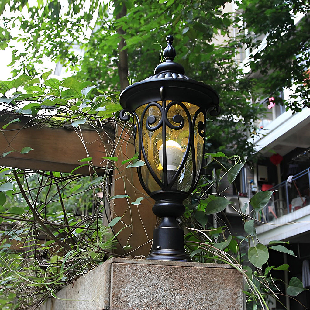 Retro Black Outdoor Pillar Lights with Glass Shade, IP54 Waterproof