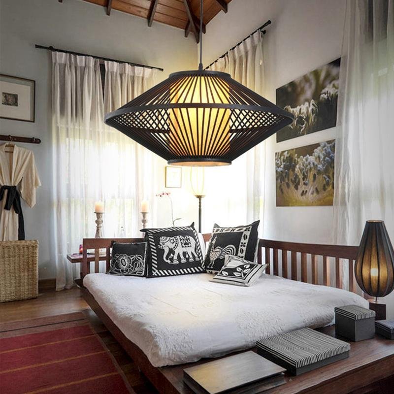 Rattan Pendant Light with Radiating Bamboo Frame – Black Finish