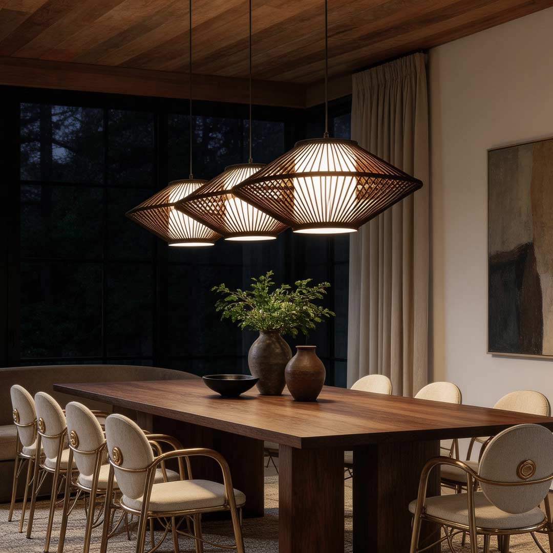 Rattan Pendant Light with Radiating Bamboo Frame – Black Finish