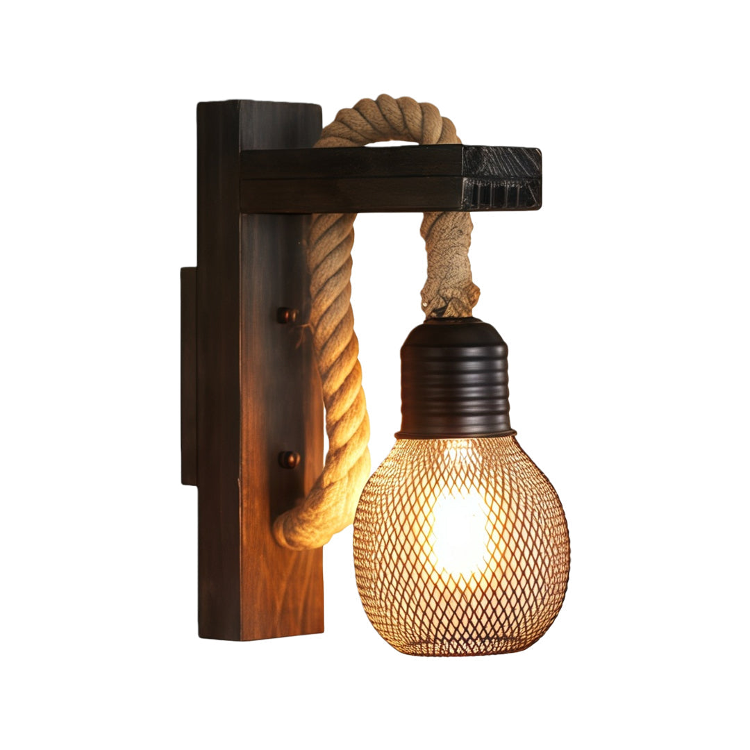 Rustic Iron Wall Sconce with Hemp Rope and Wood Accent
