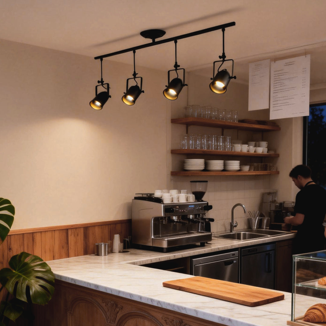 Industrial Black Track Lighting Fixture with Adjustable Spotlights