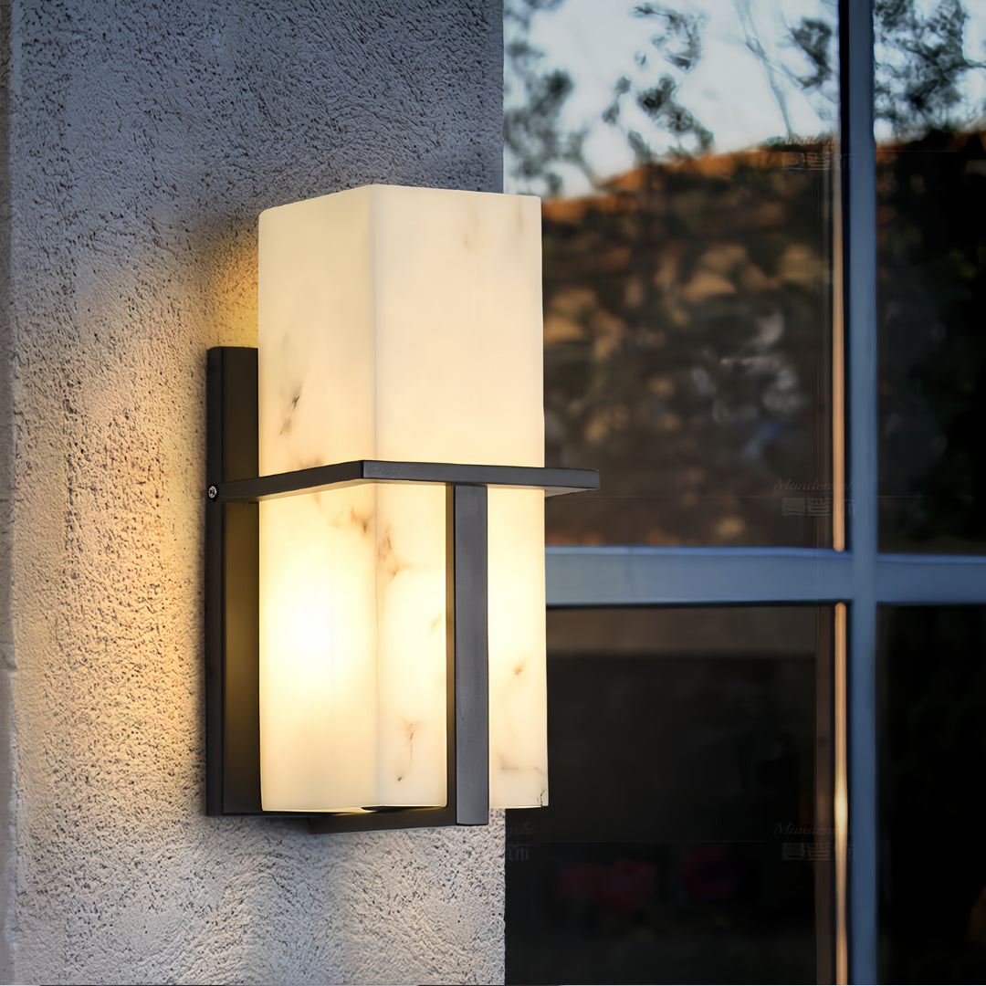 Outdoor Wall Sconce with Faux Marble Shade in Black Stainless Steel