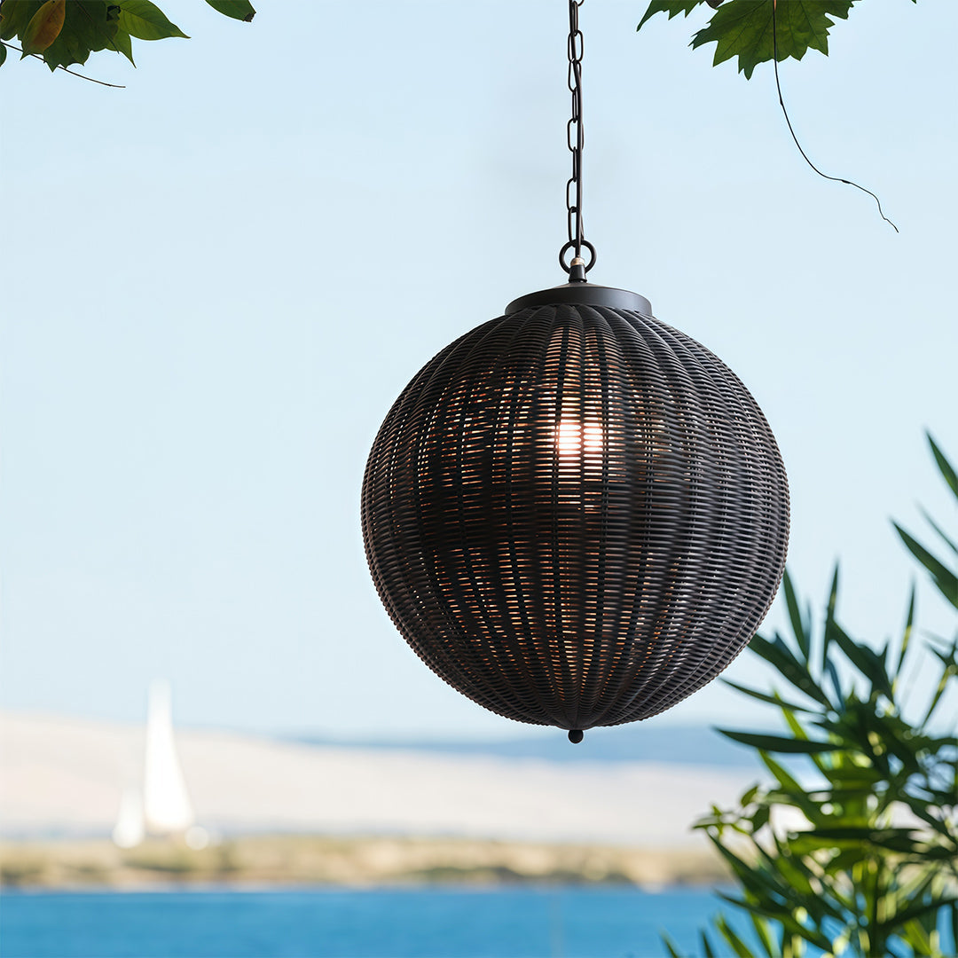 Black Woven Rattan Pendant Light, Waterproof Outdoor Hanging Lamp