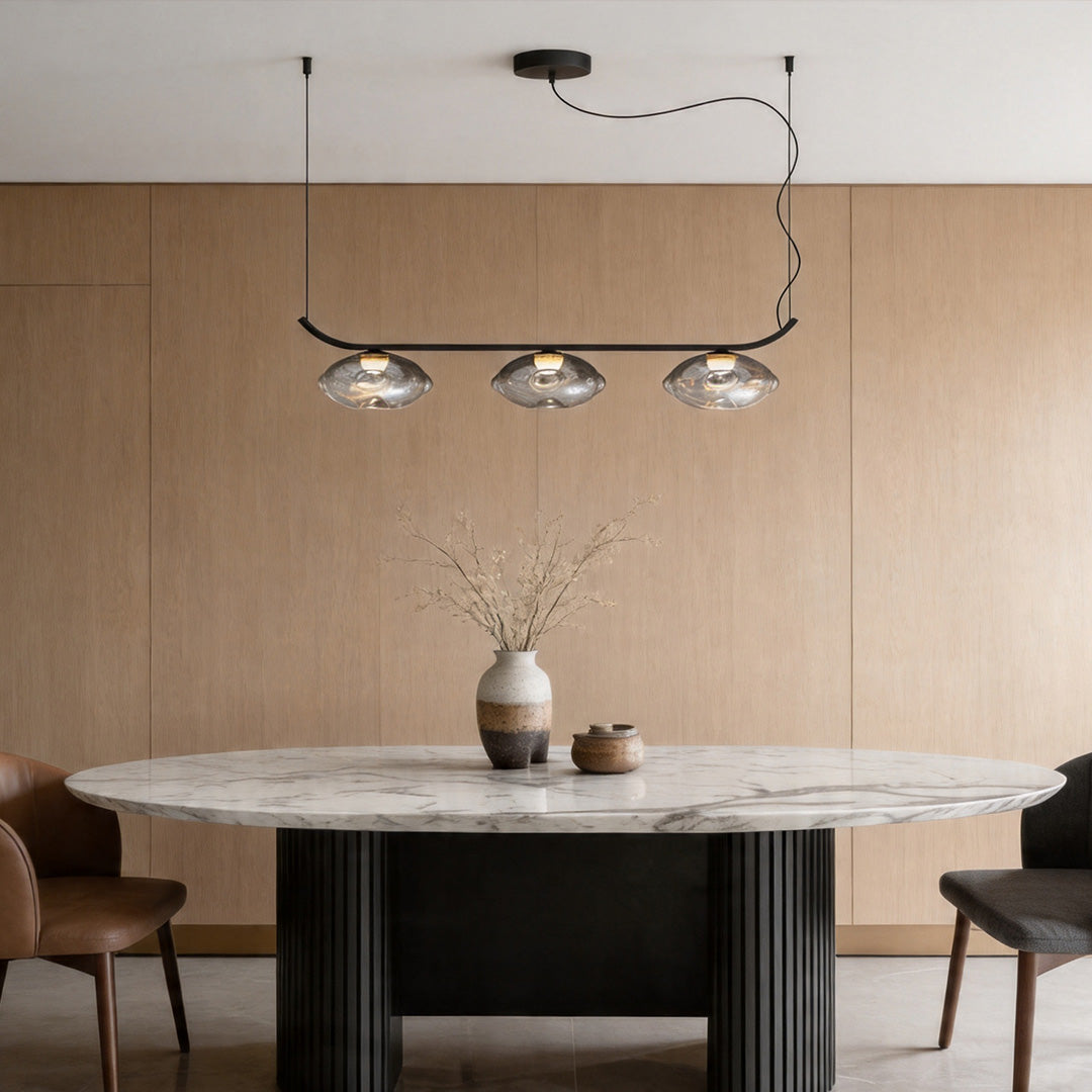 Minimalist Black Wrought Iron Chandelier with Smoked Glass Shades