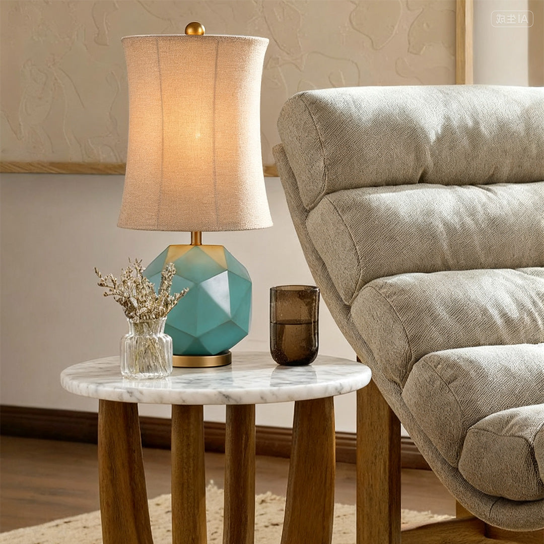 Teal Resin Table Lamp with Brown Fabric Shade – Modern Industrial Designer Lighting