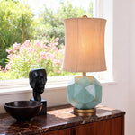 Teal Resin Table Lamp with Brown Fabric Shade – Modern Industrial Designer Lighting