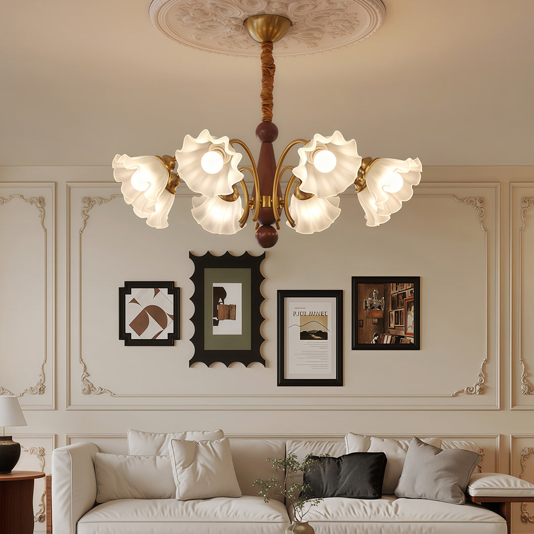 Lily of the Valley Glass Chandelier with Gold and Walnut Accents