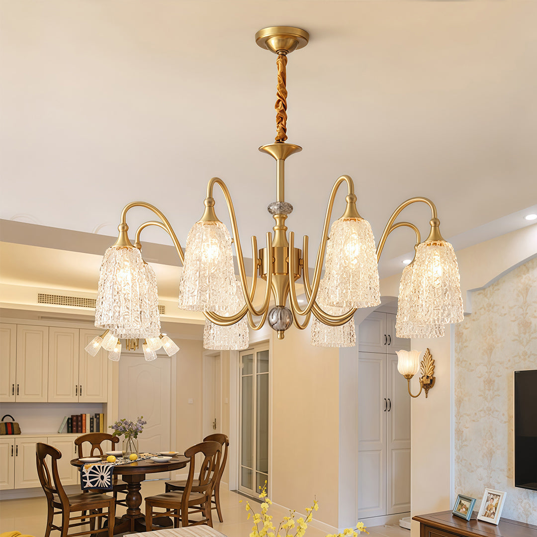 Solid Brass Vintage Chandelier with Clear Glass Shades for Dining Room and Living Room