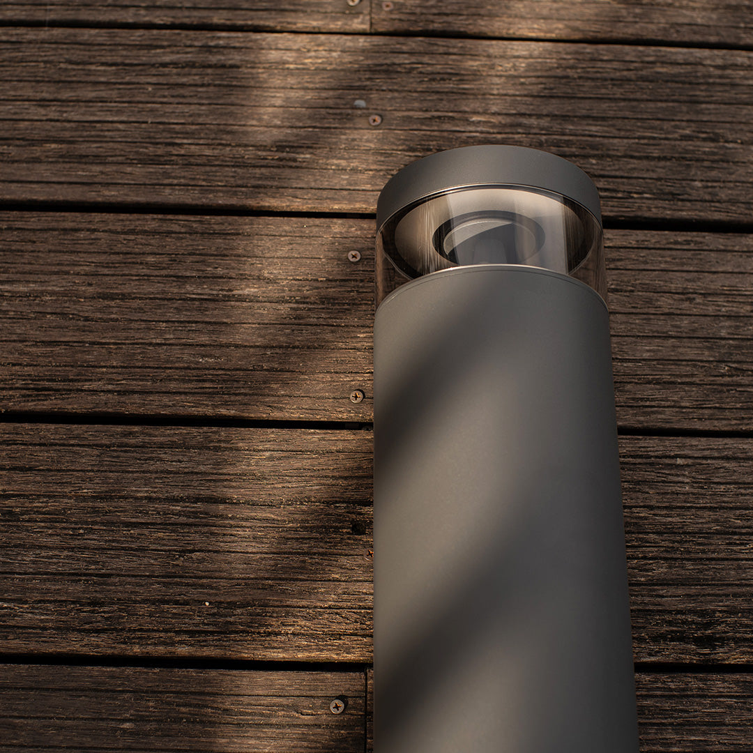 Modern Outdoor Pathway Bollard Light in Sand Gray Aluminum with Warm LED Glow