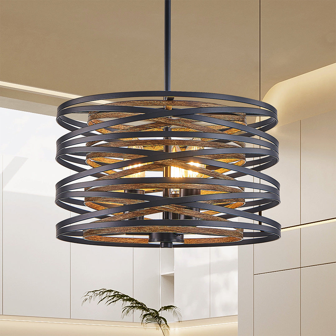 Walnut Accent Black Iron Drum Pendant Light, Adjustable Cylinder Ceiling Lamp