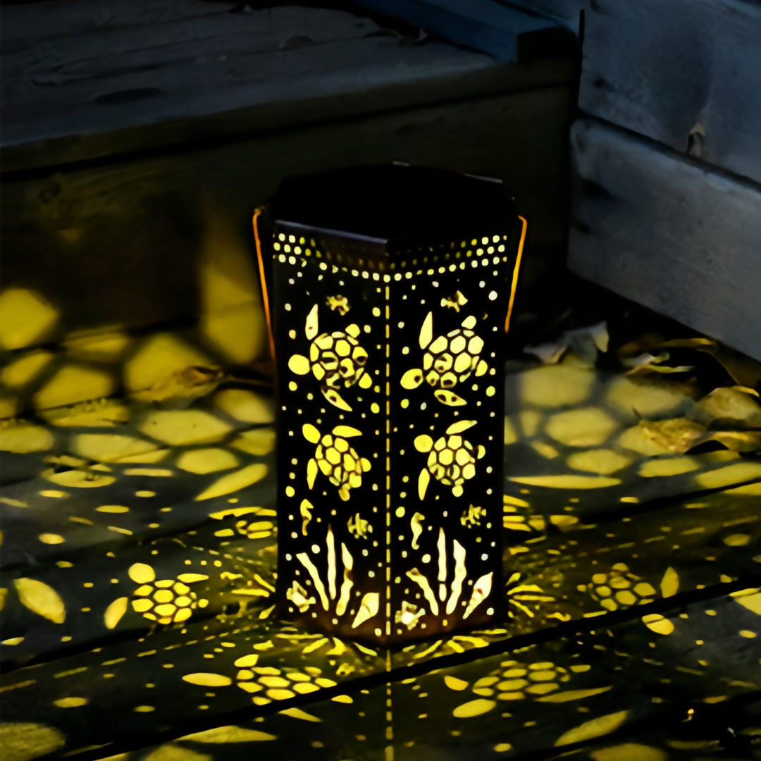 Solar-Powered Wrought Iron Outdoor Lantern with Nature Motifs