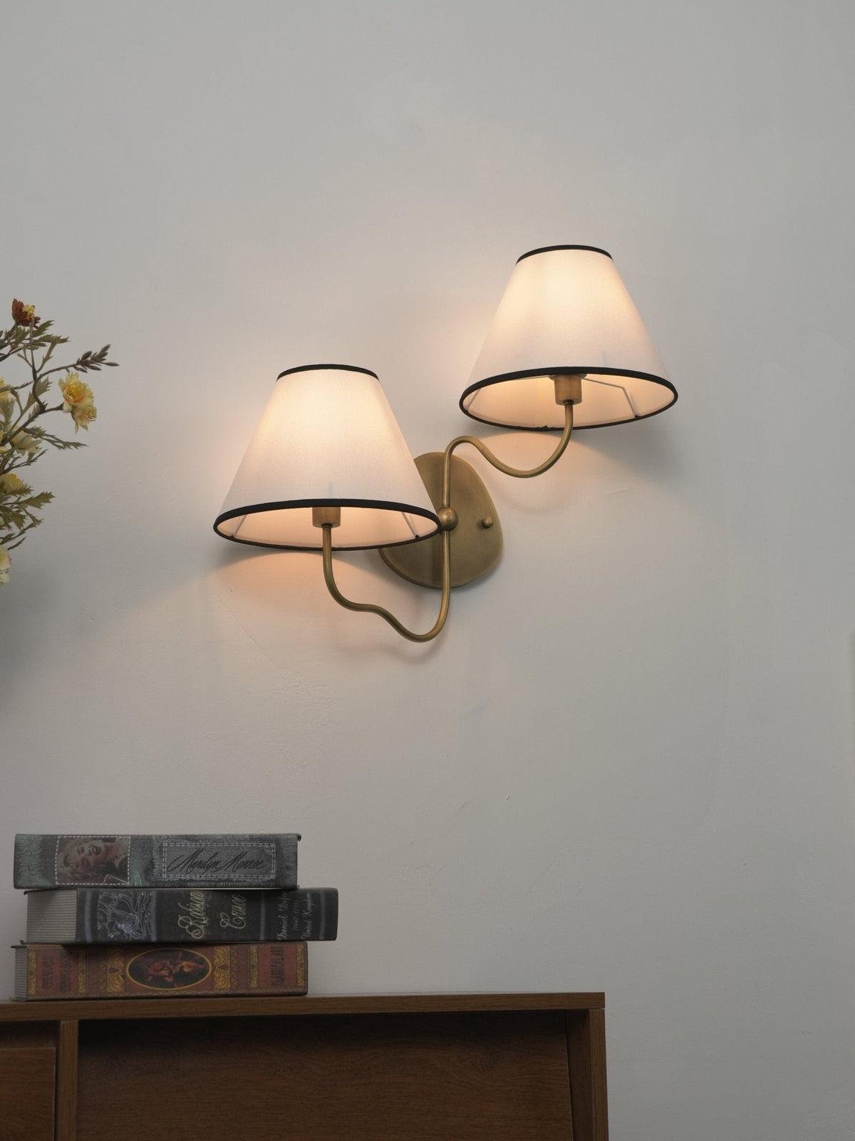 Clara Double Wall Sconce in Brushed Brass with White Fabric Shades