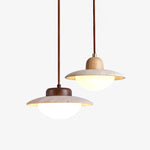 Duet Pendant Light in Travertine and Wood | Modern Minimalist Hanging Lamp for Dining and Living Spaces
