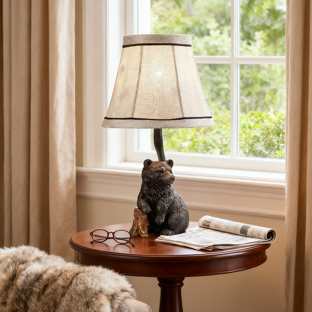 European Style Bear Resin Table Lamp with Fabric Shade
