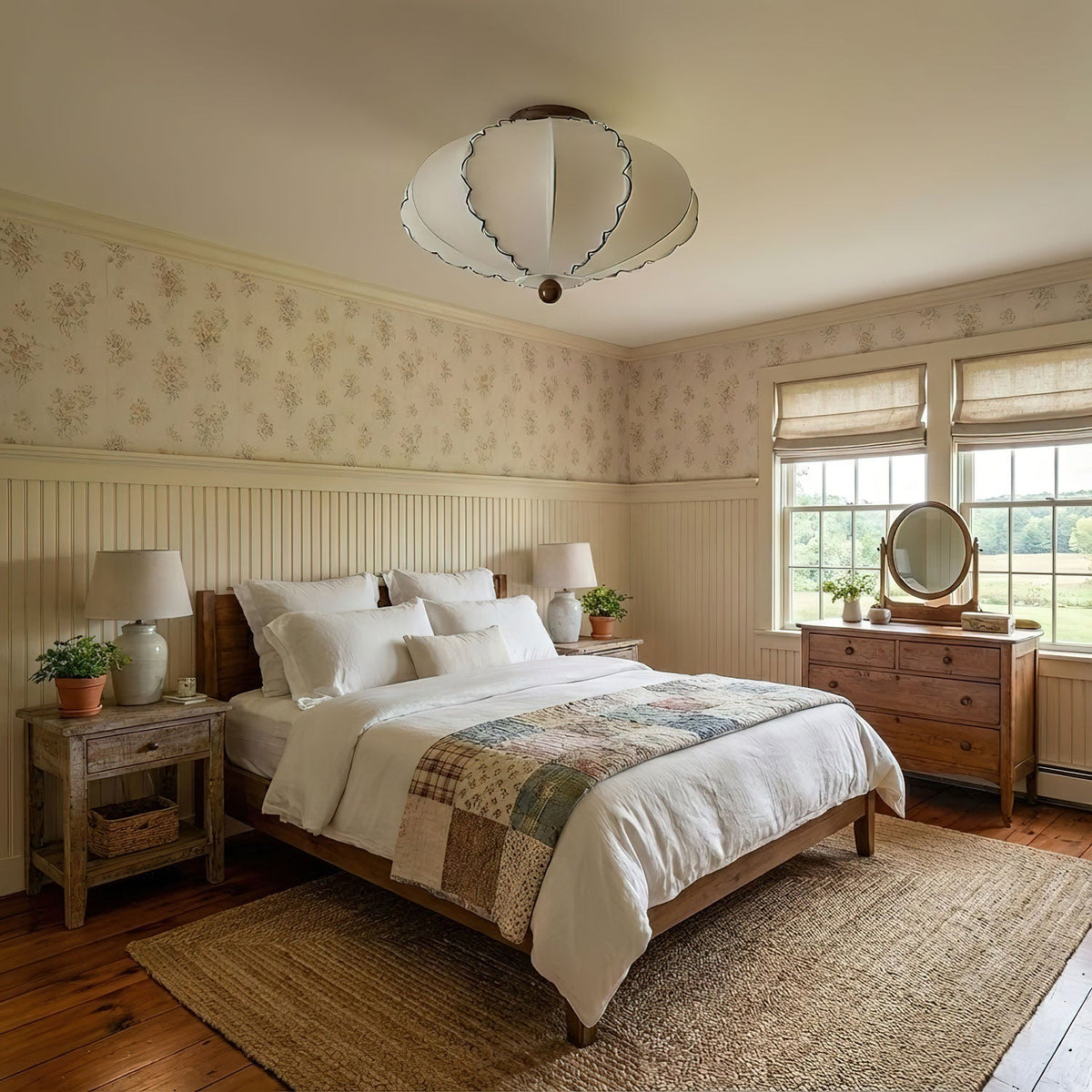 Scalloped Edge Fabric Ceiling Light with Walnut Accent