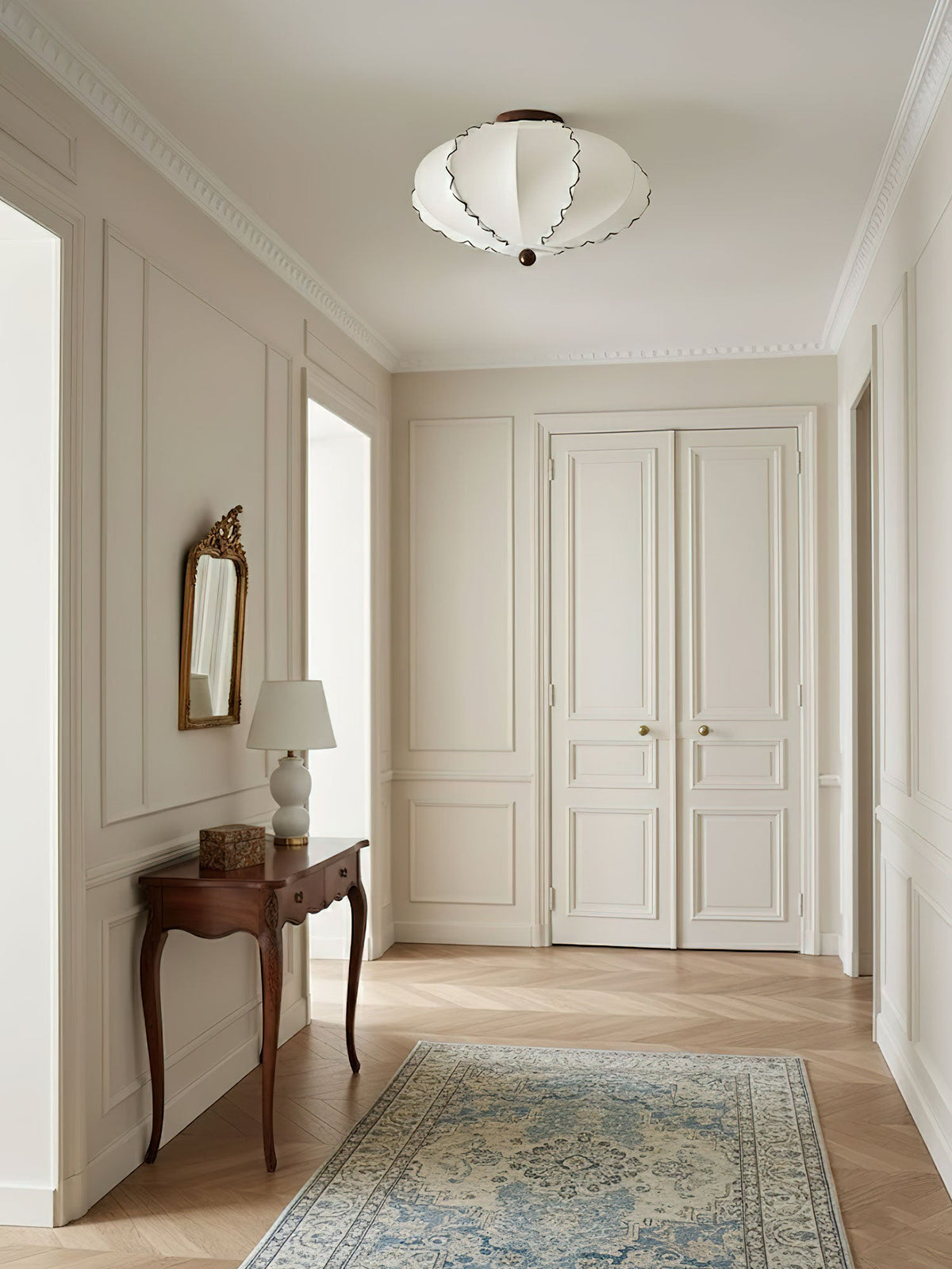 Scalloped Edge Fabric Ceiling Light with Walnut Accent