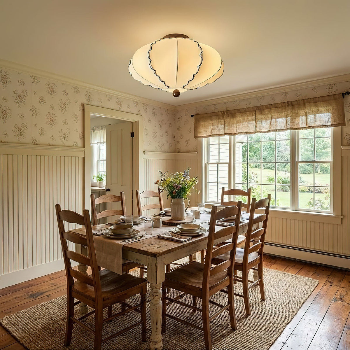 Scalloped Edge Fabric Ceiling Light with Walnut Accent