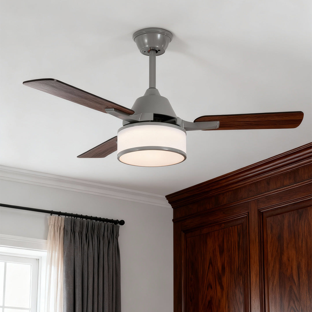 European Retro Ceiling Fan with Fabric Shade and LED Light