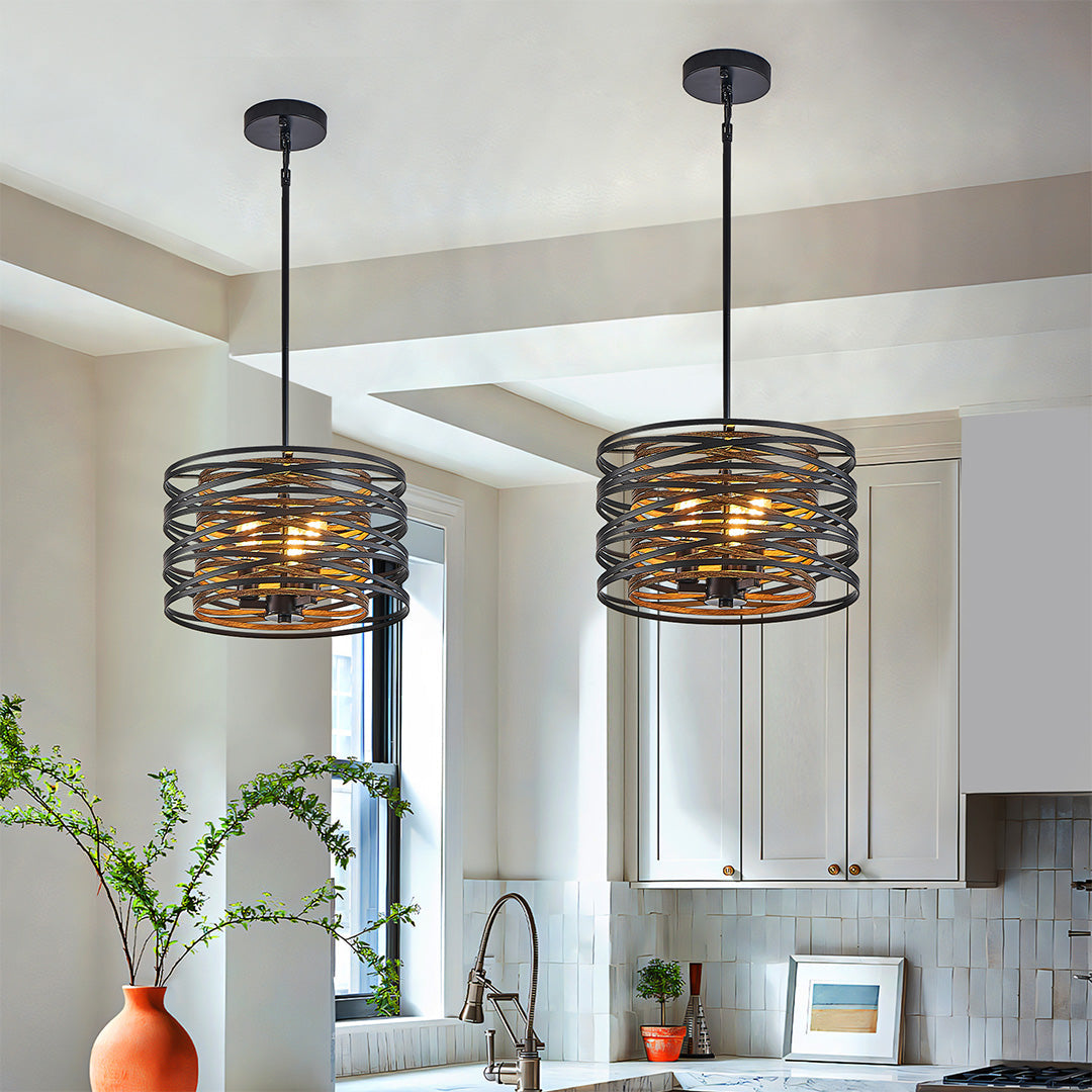 Walnut Accent Black Iron Drum Pendant Light, Adjustable Cylinder Ceiling Lamp