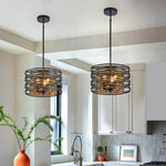 Walnut Accent Black Iron Drum Pendant Light, Adjustable Cylinder Ceiling Lamp