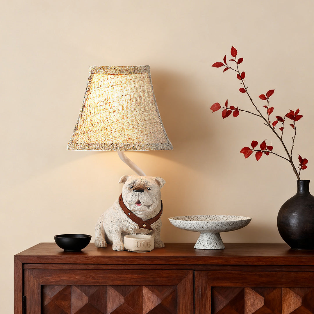 White Resin Dog Table Lamp with Fabric Shade, Mid-Century Modern Decor