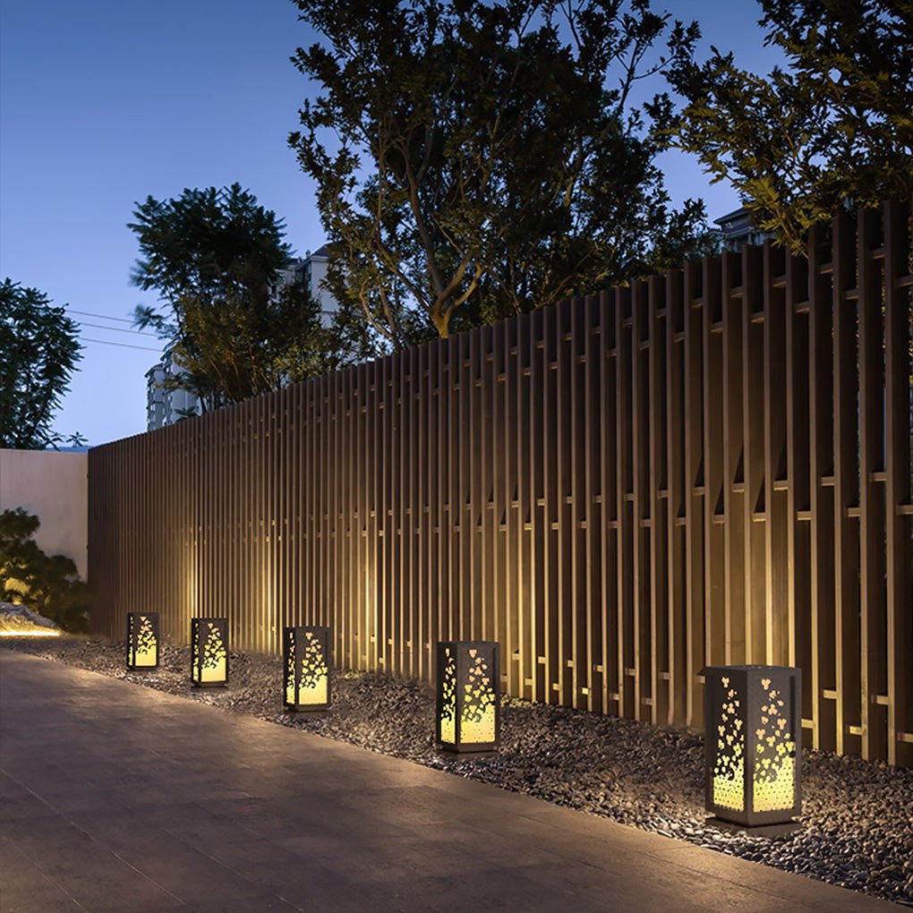 Carved Floral Resin and Steel Outdoor Garden Light with Marble Shade
