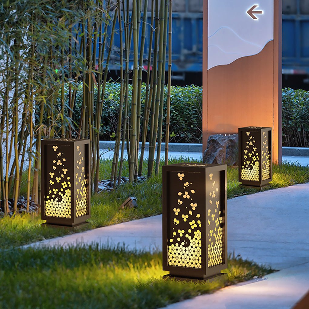 Carved Floral Resin and Steel Outdoor Garden Light with Marble Shade