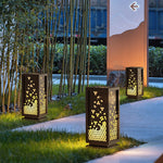 Carved Floral Resin and Steel Outdoor Garden Light with Marble Shade