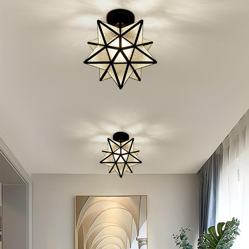Geometric Star Semi-Flush Ceiling Light in Metal and Glass