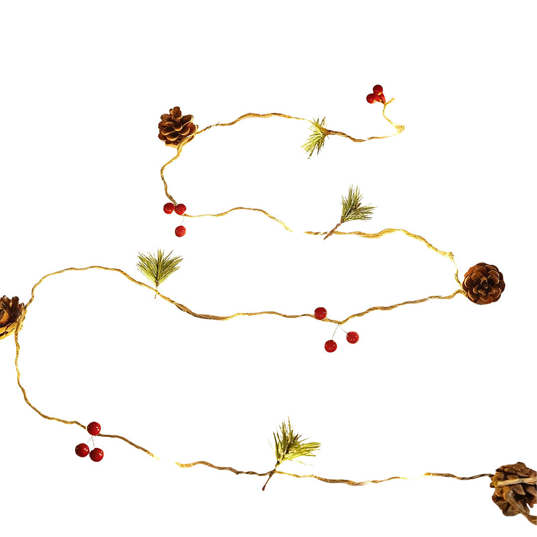 Artisan Nordic LED String Lights with Wood-Tone Fabric Ornaments, Two-Pack