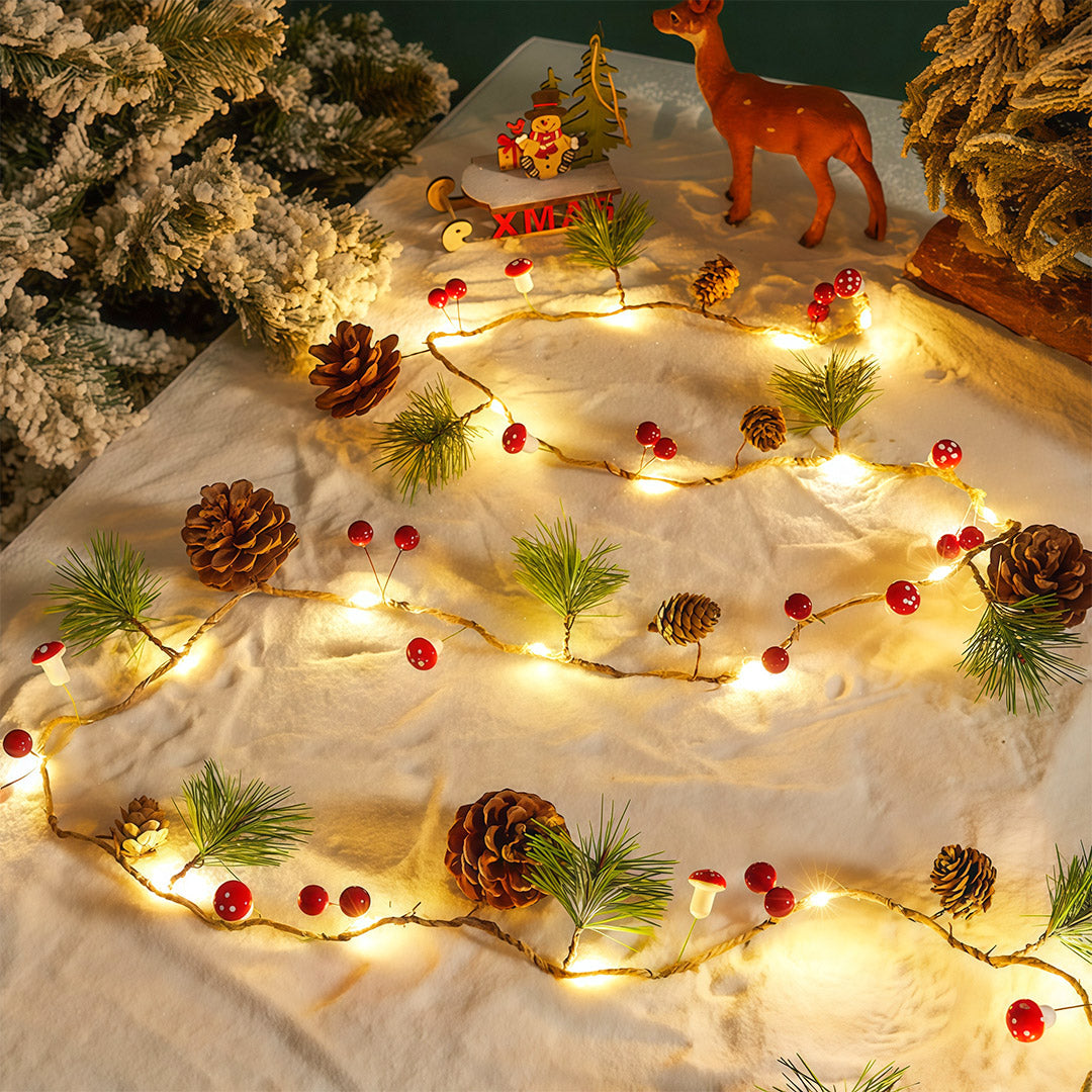 Artisan Nordic LED String Lights with Wood-Tone Fabric Ornaments, Two-Pack