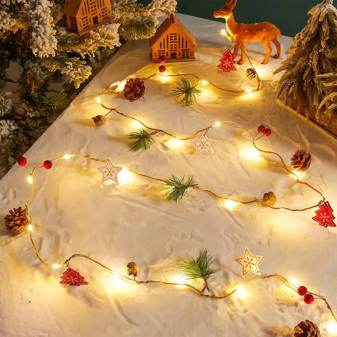 Artisan Nordic LED String Lights with Wood-Tone Fabric Ornaments, Two-Pack