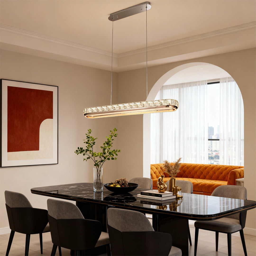 Linear Crystal Pendant Light in Chrome Finish, Modern LED Chandelier for Dining Room and Kitchen Island
