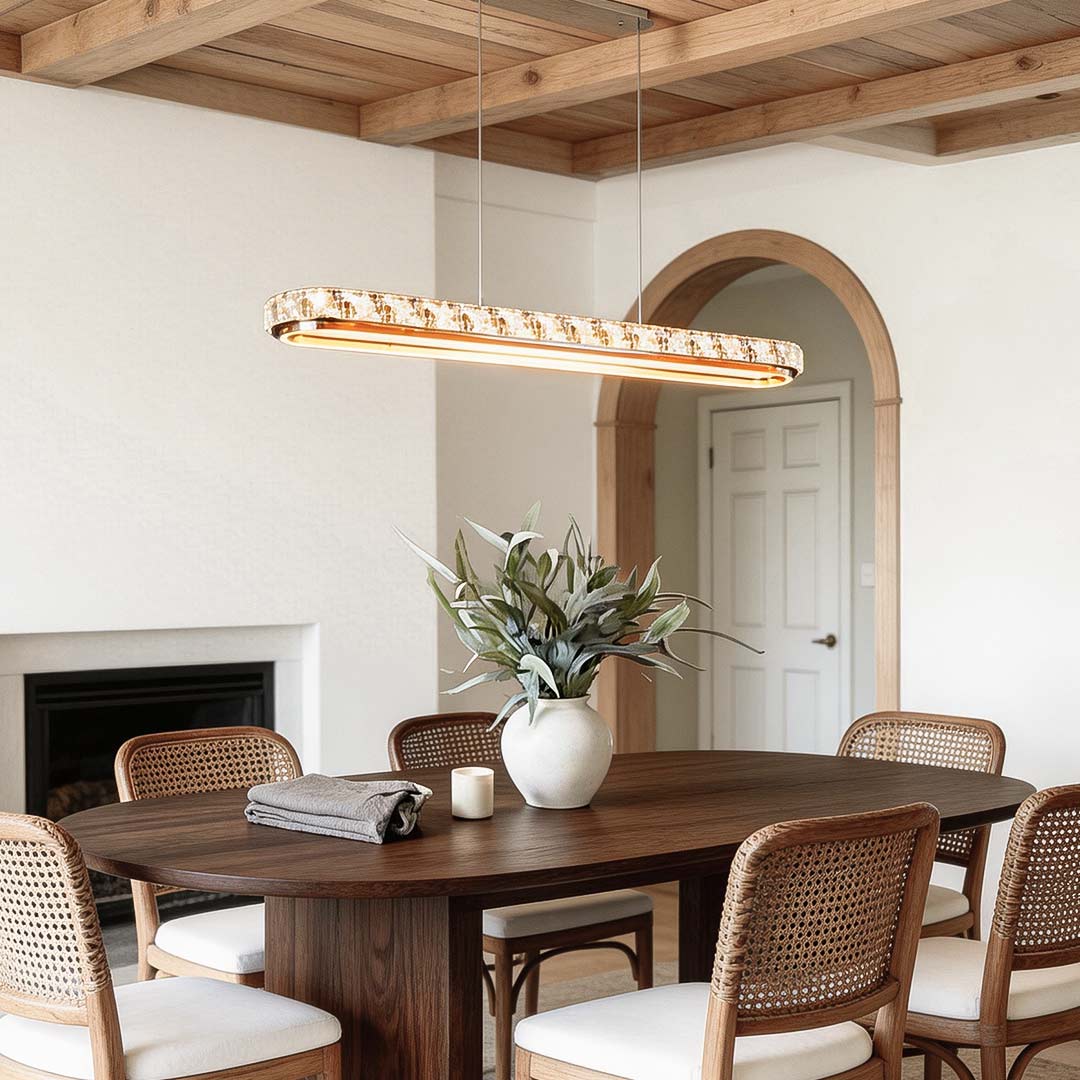 Linear Crystal Pendant Light in Chrome Finish, Modern LED Chandelier for Dining Room and Kitchen Island