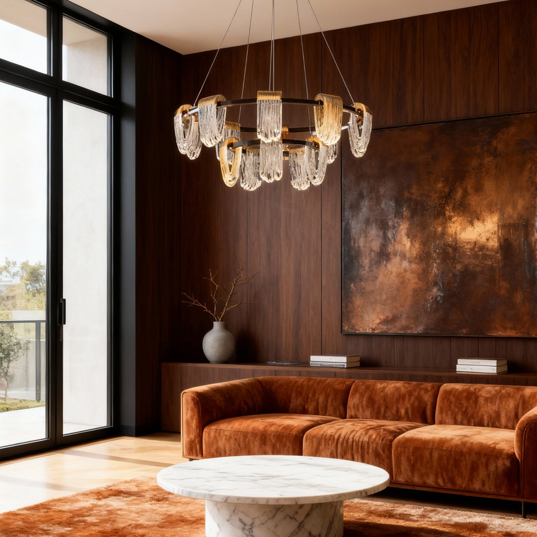 Modern Circular LED Chandelier in Gold and Gray Aluminum