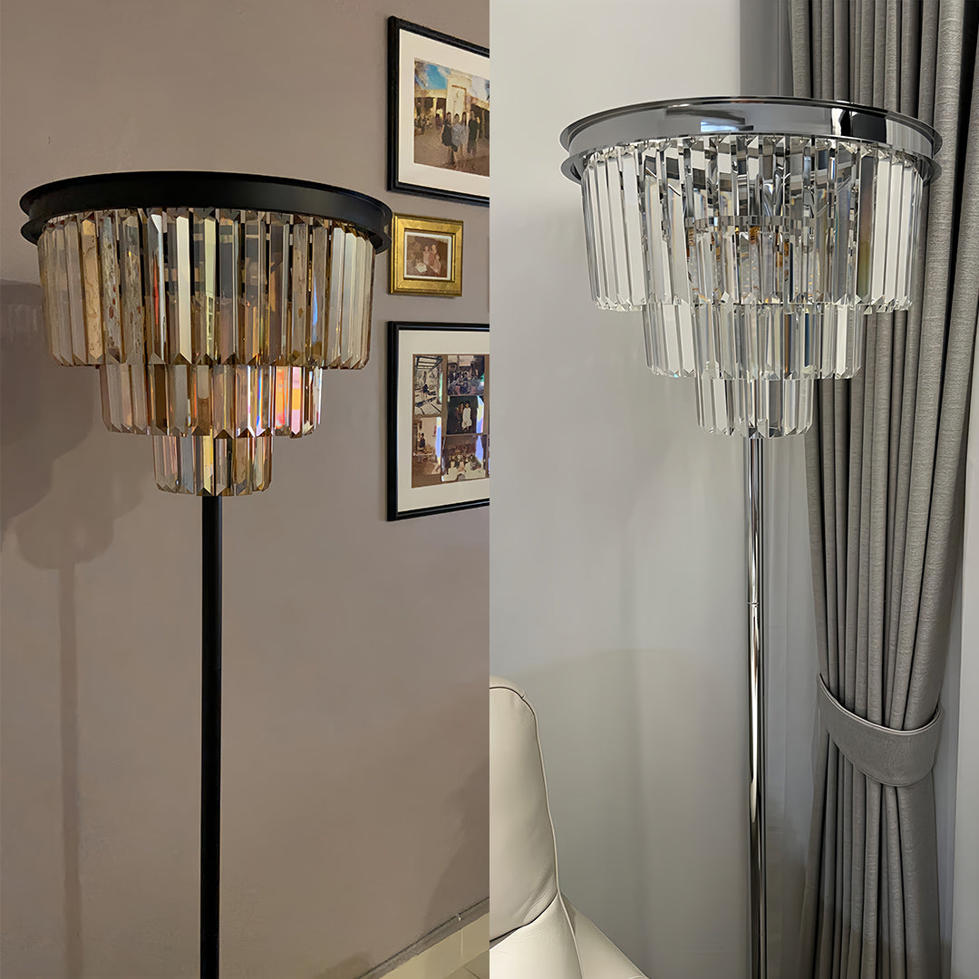 Crystal Floor Lamp with Black Iron Base – American Glamorous Standing Light