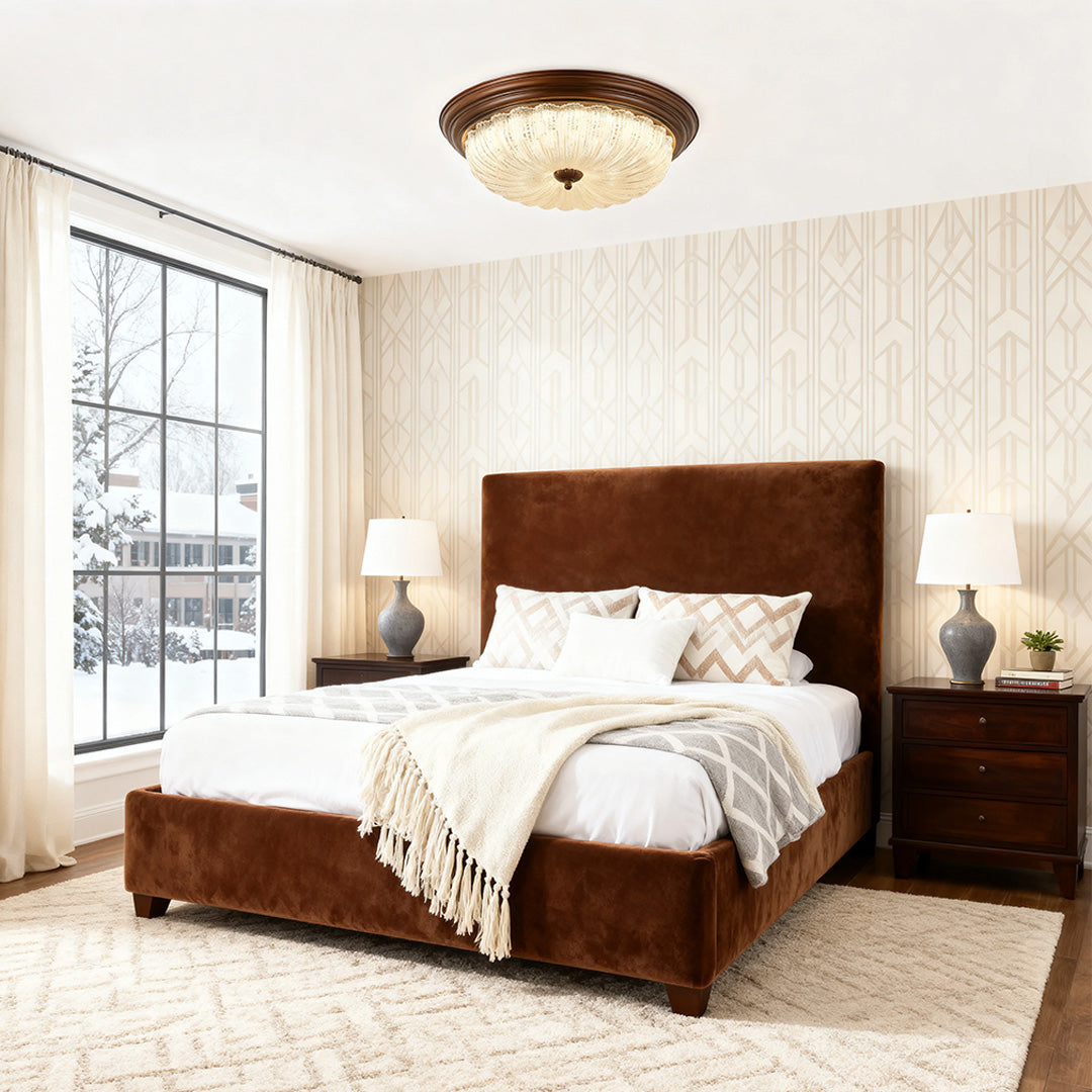 Walnut Wood Retro Dome Flush Mount Ceiling Light with Prismatic Glass Shade