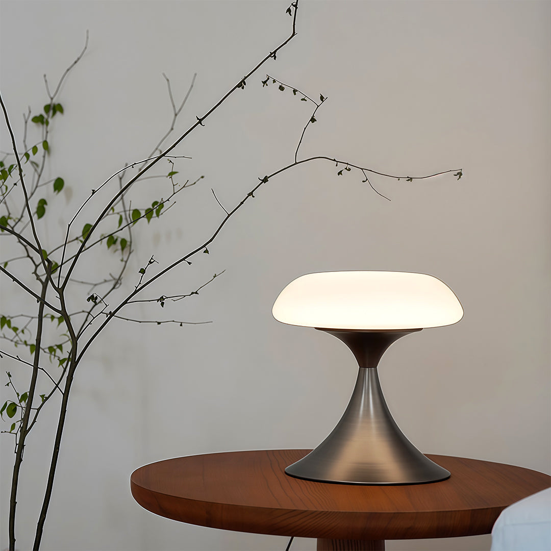 Mid-Century Modern Mushroom Table Lamp with Silver Iron Frame and LED Glow