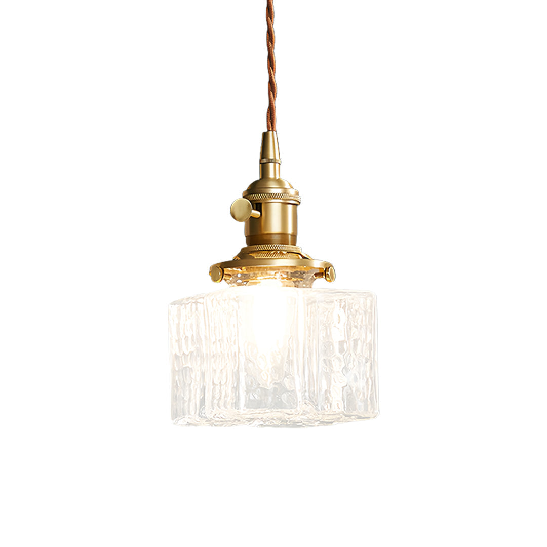 Vintage Brass Square Glass Pendant Light with Adjustable Cord