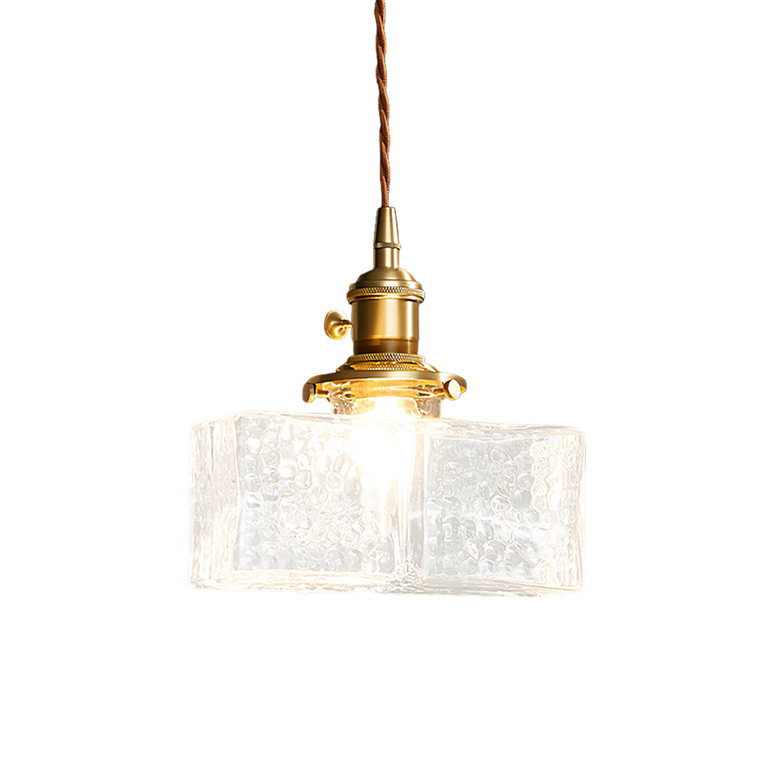 Vintage Brass Square Glass Pendant Light with Adjustable Cord