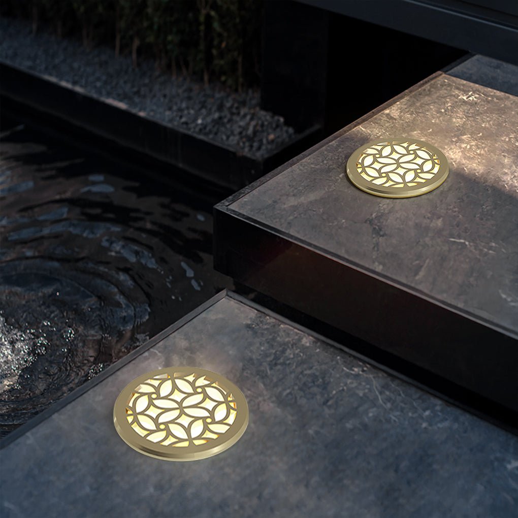 Lumière Garden Step Light with Floral Motif, Brass Finish, IP65 LED