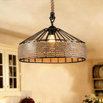 Halo Pendant Light in Black Iron and Natural Hemp Rope