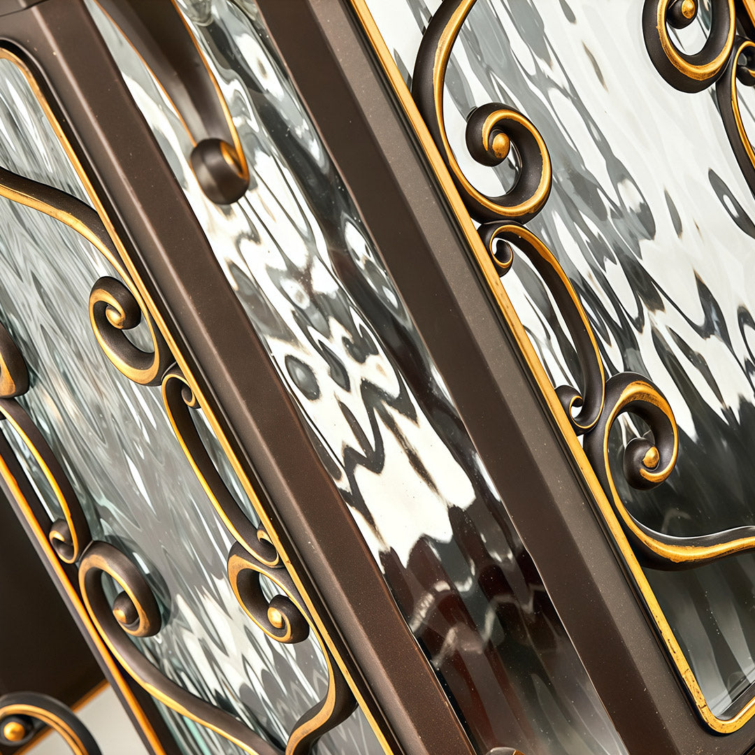 European Outdoor Wall Sconce with Gilded Aluminum Frame and Artisan Glass Shade