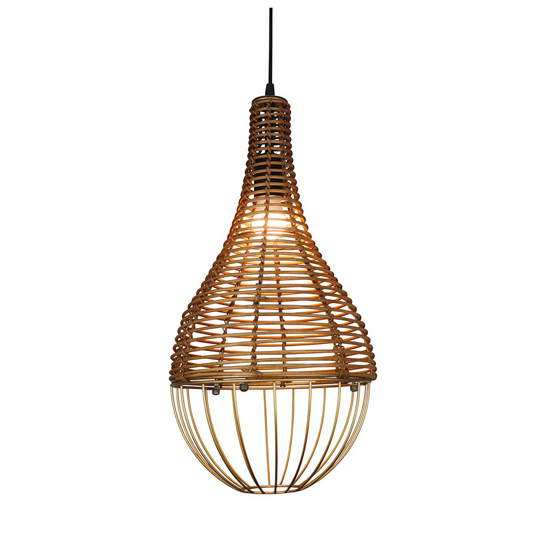 Handwoven Rattan Pendant Light with Industrial Iron Frame
