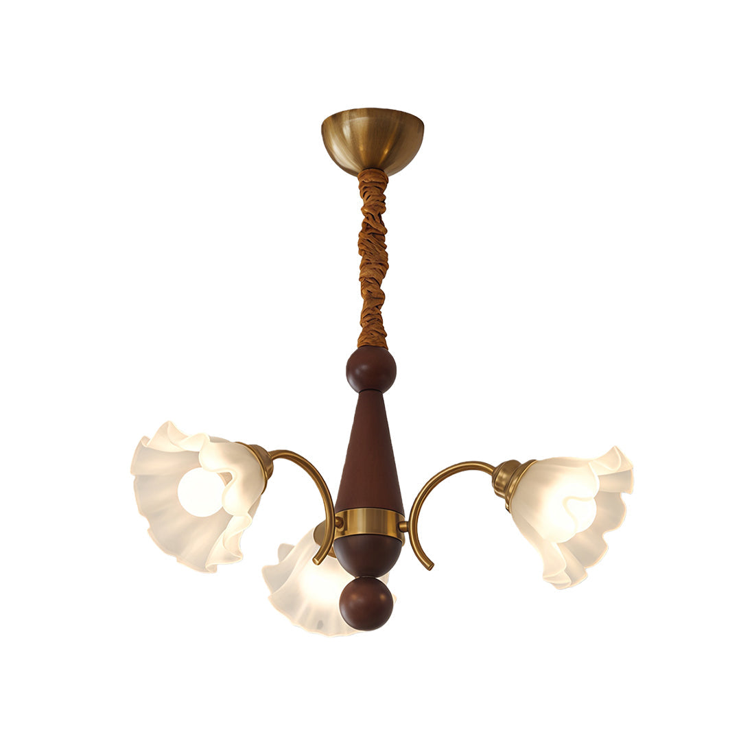 Lily of the Valley Glass Chandelier with Gold and Walnut Accents
