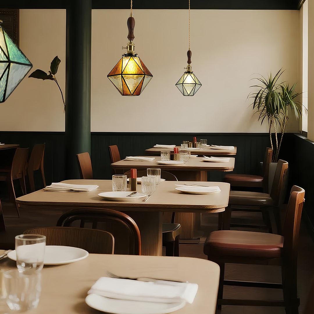Diamond Glass Pendant Light with Brass and Wood Accents