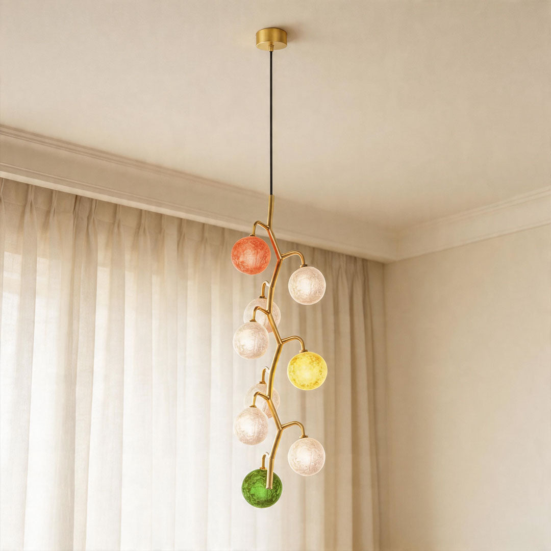 Modern Colored Glass Chandelier with Gold Metal Frame, Vintage-Inspired Designer Ceiling Light