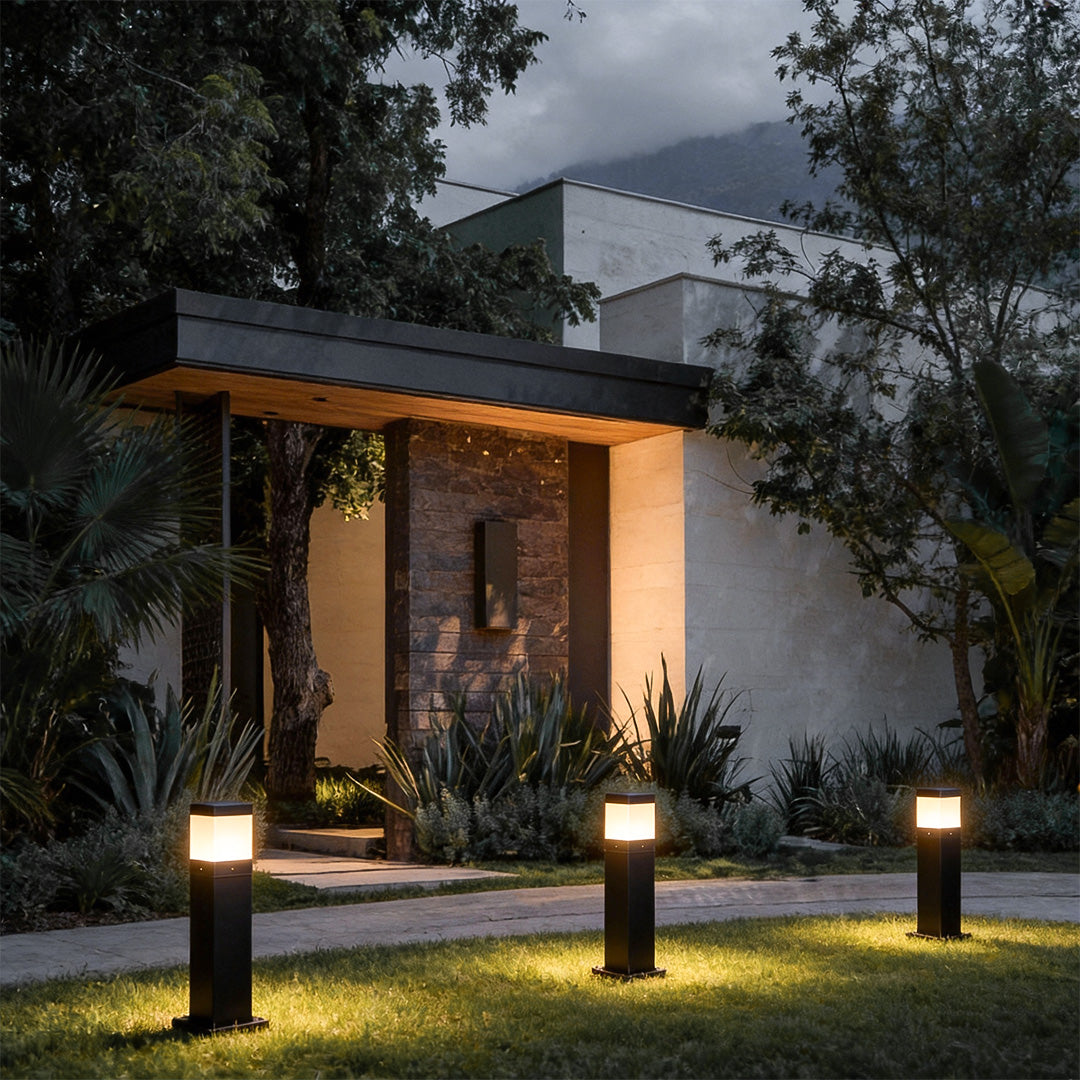 Modern Square Outdoor Bollard Light in Black with Warm White LED