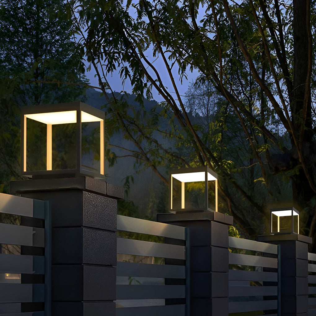 Open Frame LED Solar Post Light – Modern Square Pier-Mounted Outdoor Lantern